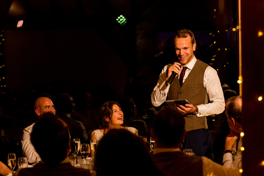 groom gives speech at wedding reception, captured by Dodford Manor wedding photographer - Elliot W Patching