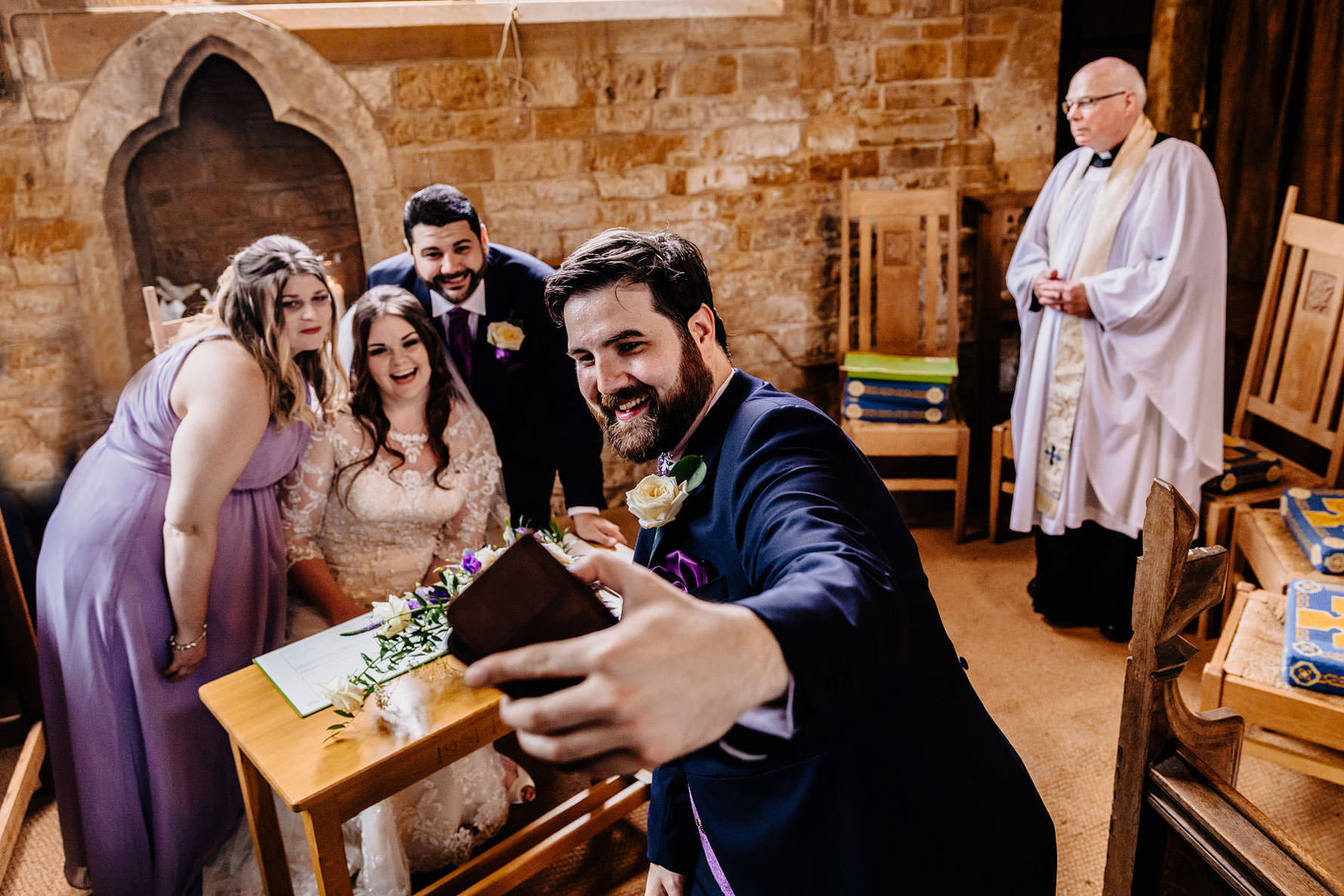 a wedding day selfie in a church